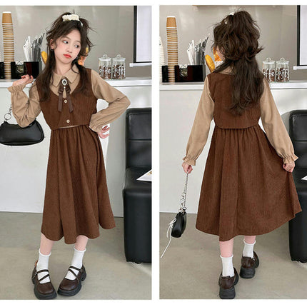 Middle and Large Kids Dress-Peter Pan Collar Long Sleeve Colorblock Dress