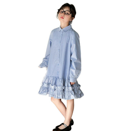 Girls Spring and Autumn Long Sleeve Shirt Dress Loose Casual Lace Swing Dress