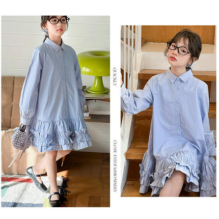 Girls Spring and Autumn Long Sleeve Shirt Dress Loose Casual Lace Swing Dress