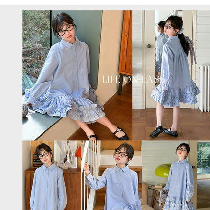 Girls Spring and Autumn Long Sleeve Shirt Dress Loose Casual Lace Swing Dress
