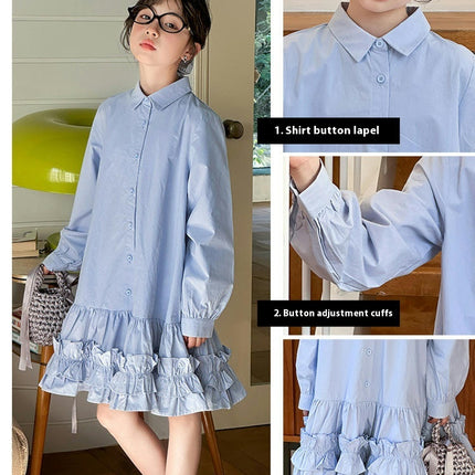 Girls Spring and Autumn Long Sleeve Shirt Dress Loose Casual Lace Swing Dress