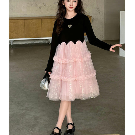 Girls Spring Long Sleeve Dress Knitted Splicing Princess Dress Little Girl Fairy Dress