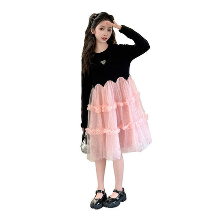 Girls Spring Long Sleeve Dress Knitted Splicing Princess Dress Little Girl Fairy Dress