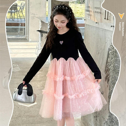 Girls Spring Long Sleeve Dress Knitted Splicing Princess Dress Little Girl Fairy Dress