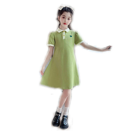 Girls Spring and Summer Long Sleeve/Short Sleeve Dress Shirt Collar Cotton Dress