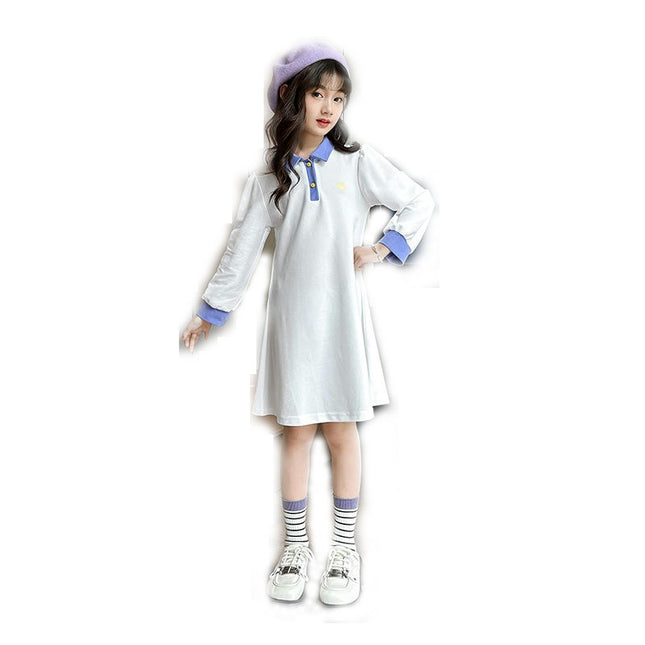 Girls Spring and Summer Long Sleeve/Short Sleeve Dress Shirt Collar Cotton Dress