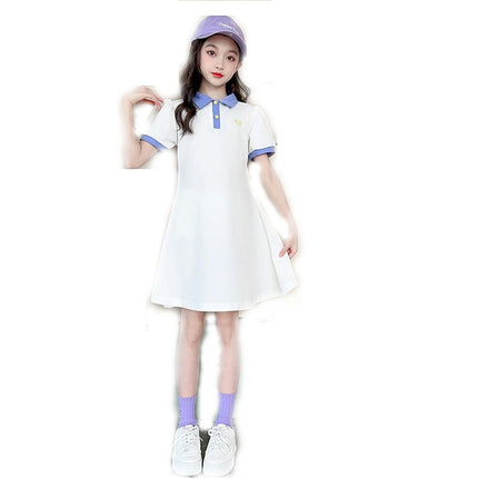 Girls Spring and Summer Long Sleeve/Short Sleeve Dress Shirt Collar Cotton Dress