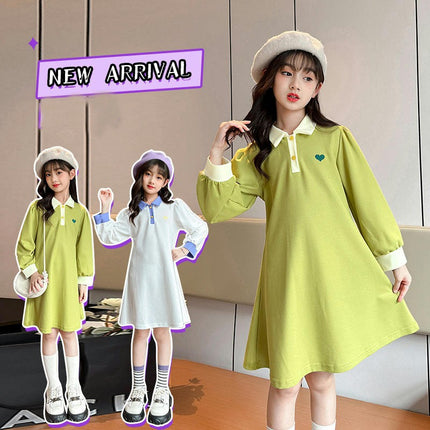 Girls Spring and Summer Long Sleeve/Short Sleeve Dress Shirt Collar Cotton Dress