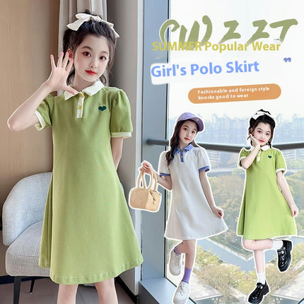Girls Spring and Summer Long Sleeve/Short Sleeve Dress Shirt Collar Cotton Dress