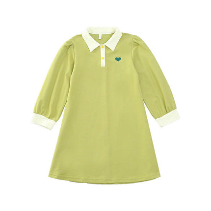 Girls Spring and Summer Long Sleeve/Short Sleeve Dress Shirt Collar Cotton Dress