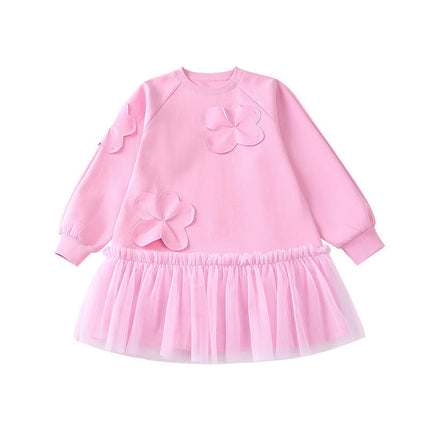 Medium To Large Girls Long Sleeve Dress Sweatshirt Mesh Skirt Casual Flower Skirt