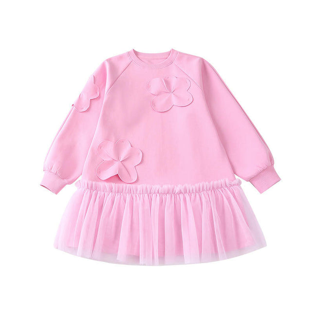 Medium To Large Girls Long Sleeve Dress Sweatshirt Mesh Skirt Casual Flower Skirt