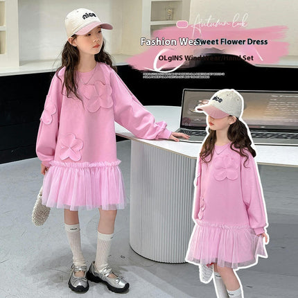 Medium To Large Girls Long Sleeve Dress Sweatshirt Mesh Skirt Casual Flower Skirt