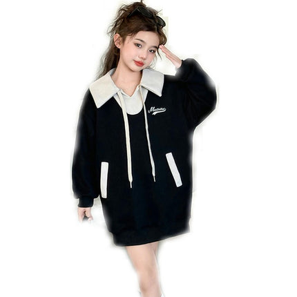 Children's Cotton Sweater Dress Lapel Pullover Long Sleeve Casual Loose Dress