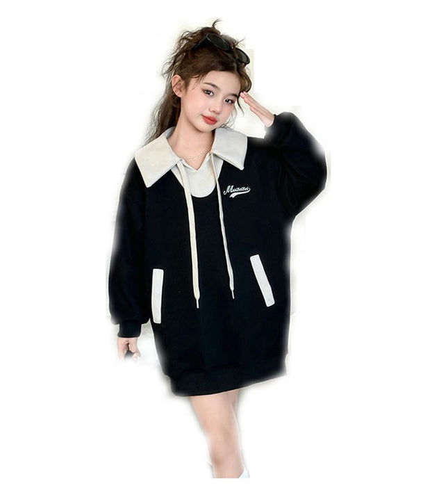 Children's Cotton Sweater Dress Lapel Pullover Long Sleeve Casual Loose Dress