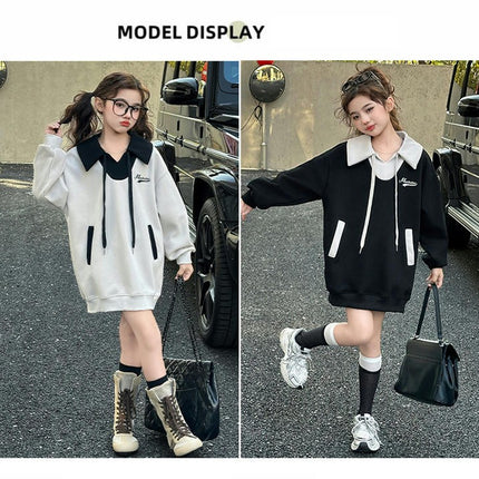 Children's Cotton Sweater Dress Lapel Pullover Long Sleeve Casual Loose Dress