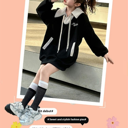 Children's Cotton Sweater Dress Lapel Pullover Long Sleeve Casual Loose Dress