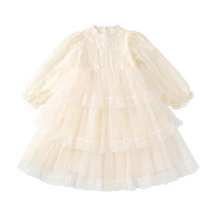 Girls Spring Dress Western Style Long Sleeve Mesh Splicing Princess Dress Cake Dress
