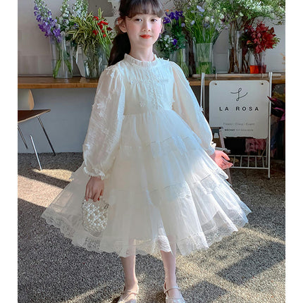 Girls Spring Dress Western Style Long Sleeve Mesh Splicing Princess Dress Cake Dress