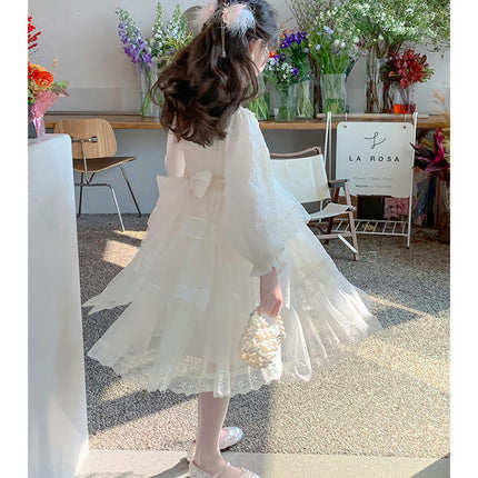 Girls Spring Dress Western Style Long Sleeve Mesh Splicing Princess Dress Cake Dress
