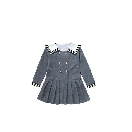 Girls Long Sleeve Dress-Peter Pan Collar Double Breasted Pleated Princess Dress