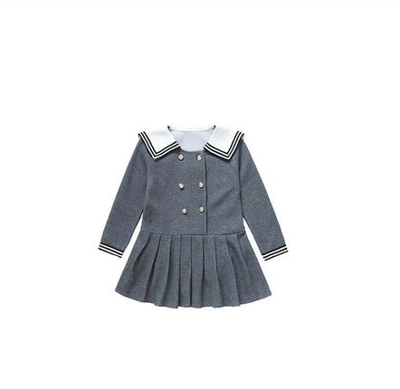Girls Long Sleeve Dress-Peter Pan Collar Double Breasted Pleated Princess Dress