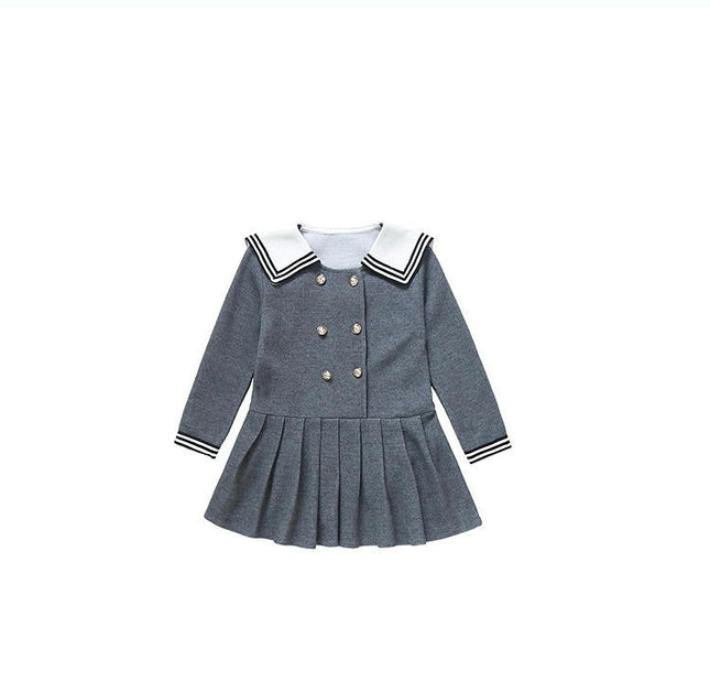 Girls Long Sleeve Dress-Peter Pan Collar Double Breasted Pleated Princess Dress