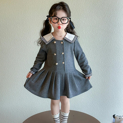 Girls Long Sleeve Dress-Peter Pan Collar Double Breasted Pleated Princess Dress