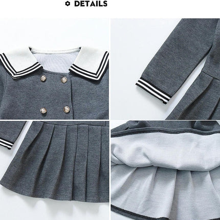 Girls Long Sleeve Dress-Peter Pan Collar Double Breasted Pleated Princess Dress