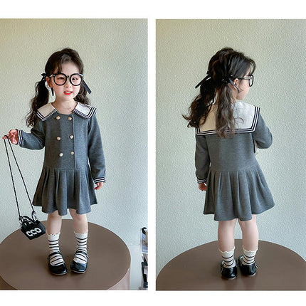 Girls Long Sleeve Dress-Peter Pan Collar Double Breasted Pleated Princess Dress