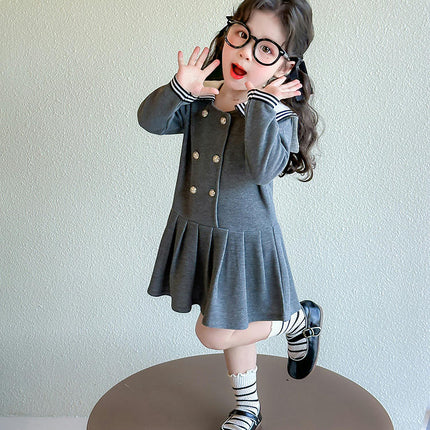 Girls Long Sleeve Dress-Peter Pan Collar Double Breasted Pleated Princess Dress