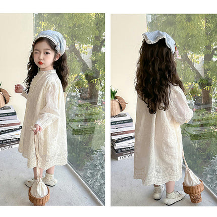 Girls Solid Color Long Sleeve Dress Cute Retro Flower Embroidery Skirt
