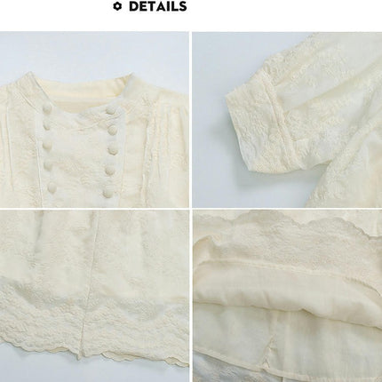 Girls Solid Color Long Sleeve Dress Cute Retro Flower Embroidery Skirt
