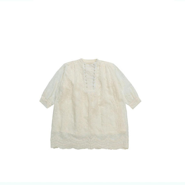Girls Solid Color Long Sleeve Dress Cute Retro Flower Embroidery Skirt