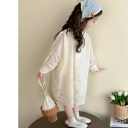 Girls Solid Color Long Sleeve Dress Cute Retro Flower Embroidery Skirt