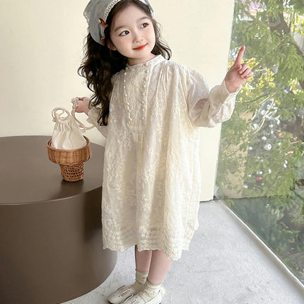 Girls Solid Color Long Sleeve Dress Cute Retro Flower Embroidery Skirt