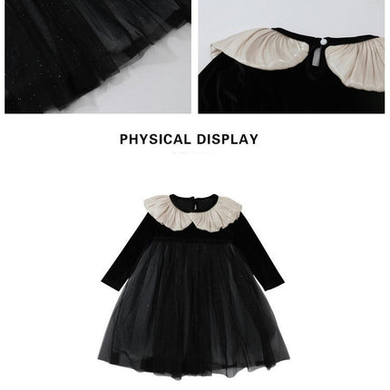 Girls Casual Dress Autumn Long Sleeve Velvet Splicing Mesh Princess Skirt