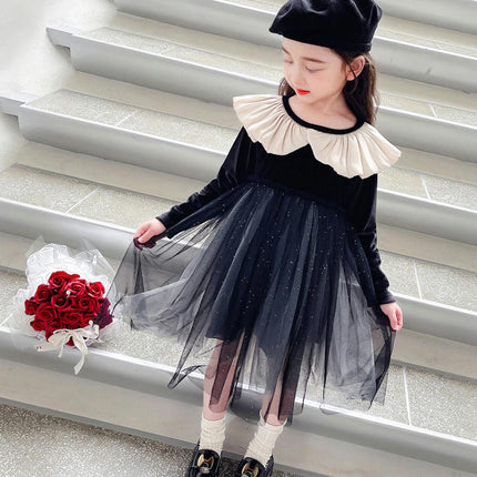 Girls Casual Dress Autumn Long Sleeve Velvet Splicing Mesh Princess Skirt