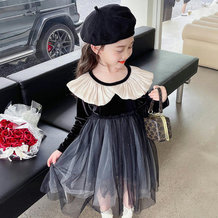 Girls Casual Dress Autumn Long Sleeve Velvet Splicing Mesh Princess Skirt