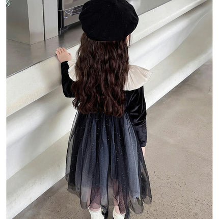 Girls Casual Dress Autumn Long Sleeve Velvet Splicing Mesh Princess Skirt