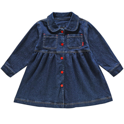 Girls Denim Dress-Lapel Button Long Sleeve Loose Casual Dress