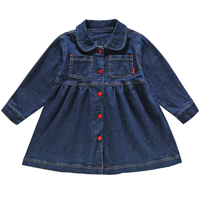 Girls Denim Dress-Lapel Button Long Sleeve Loose Casual Dress