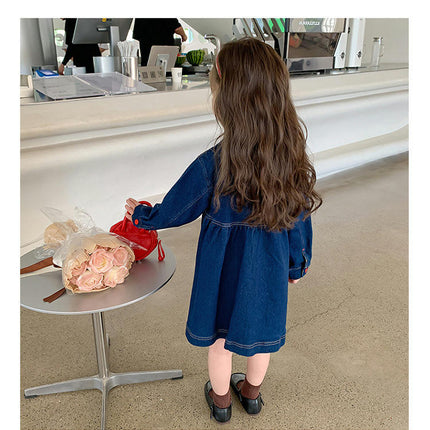 Girls Denim Dress-Lapel Button Long Sleeve Loose Casual Dress