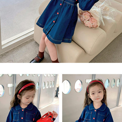 Girls Denim Dress-Lapel Button Long Sleeve Loose Casual Dress