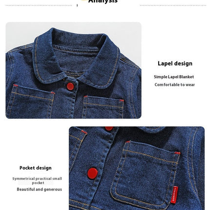 Girls Denim Dress-Lapel Button Long Sleeve Loose Casual Dress