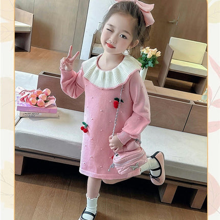 Baby Girls Long Sleeve Cherry Knitted Dress Spring and Autumn Sweet Princess Dress