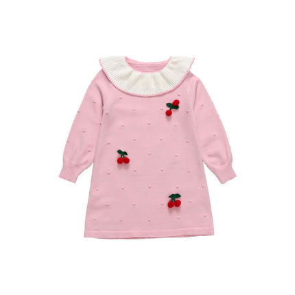 Baby Girls Long Sleeve Cherry Knitted Dress Spring and Autumn Sweet Princess Dress