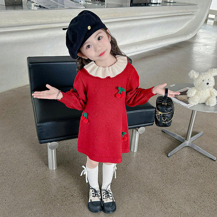 Baby Girls Long Sleeve Cherry Knitted Dress Spring and Autumn Cute Princess Dress