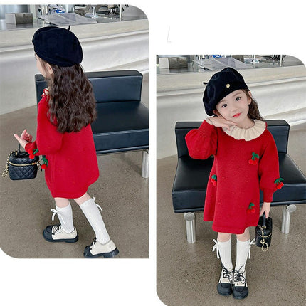 Baby Girls Long Sleeve Cherry Knitted Dress Spring and Autumn Cute Princess Dress