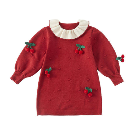 Baby Girls Long Sleeve Cherry Knitted Dress Spring and Autumn Cute Princess Dress